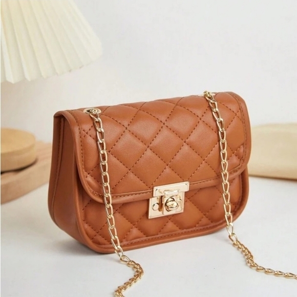 Tan Quilted Crossbody Bag with Chain Strap - Picture 1 of 6